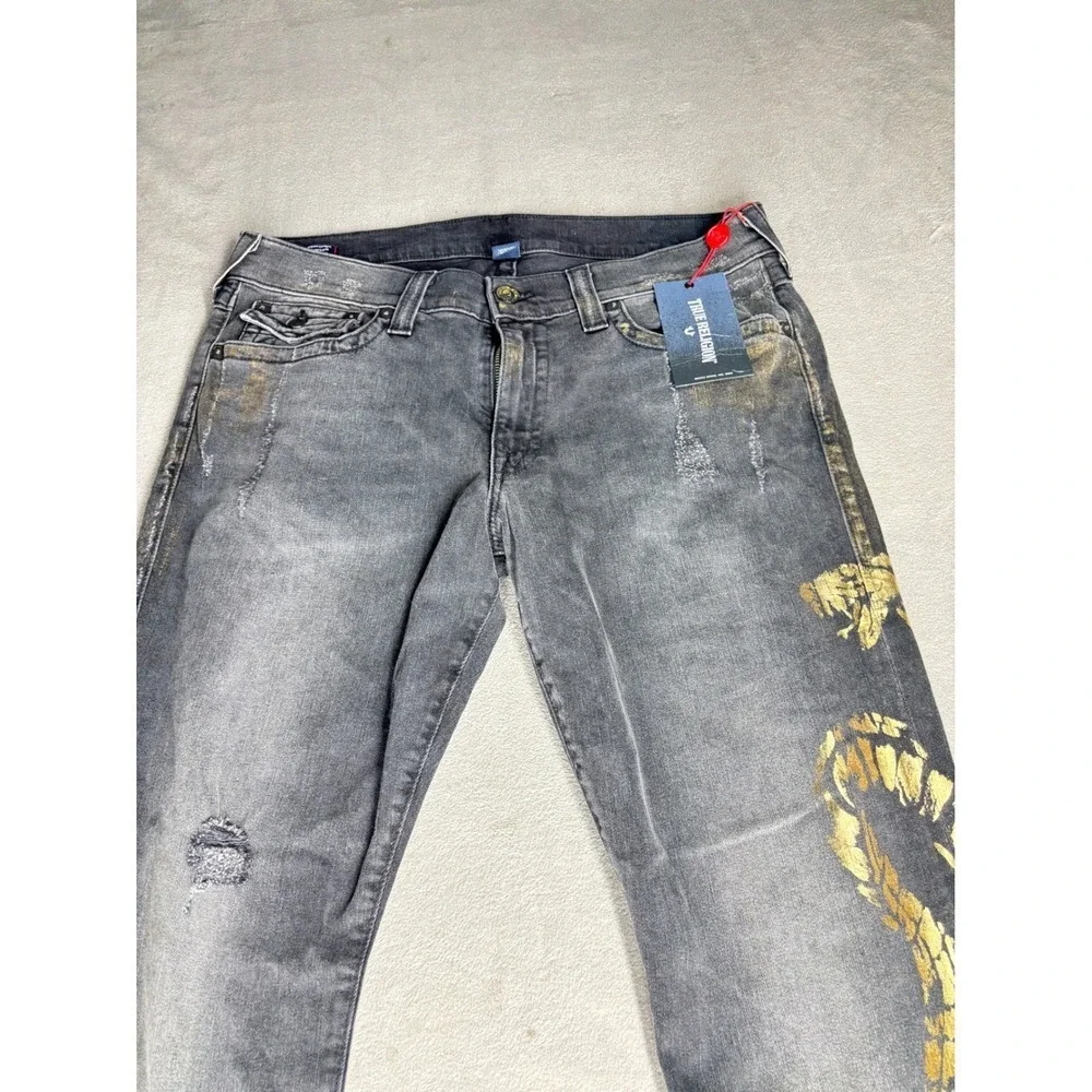 True Religion Ricky W Flap Straight Jeans Black Gold Snake Distressed Mens 38